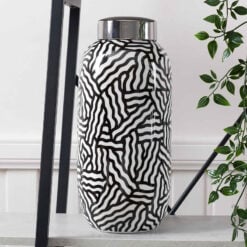 Large Black And White Wave Pattern Ceramic Ginger Jar With Silver Lid 38cm