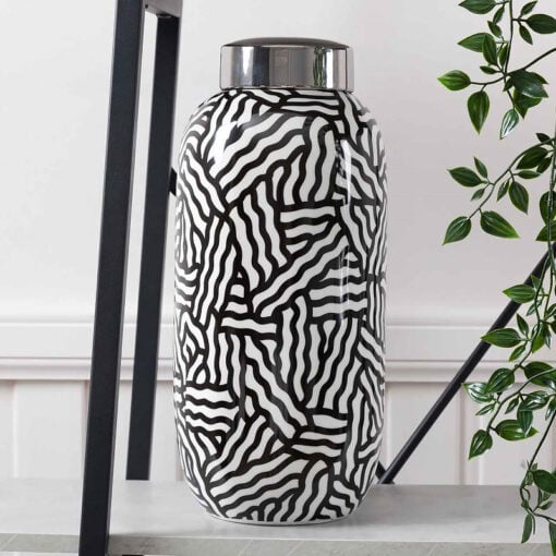 Large Black And White Wave Pattern Ceramic Ginger Jar With Silver Lid 38cm