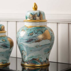 Large Blue White And Gold Abstract Ceramic Ginger Jar With Lid 40cm