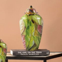 Large Green Pink And Gold Leaves Floral Ceramic Ginger Jar With Lid 40cm