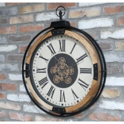 Large Industrial Wood And Black Metal Gold Moving Gears Wall Clock With White Dial 74cm