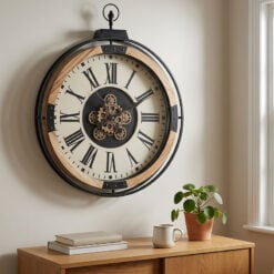 Large Industrial Wood And Black Metal Gold Moving Gears Wall Clock With White Dial 74cm