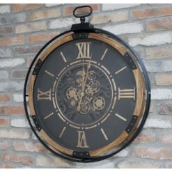 Large Industrial Wood And Black Metal Wall Clock With Gold Moving Gears 88cm