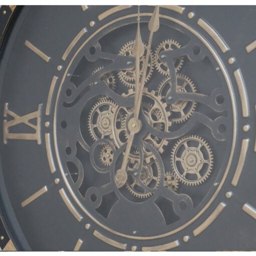 Large Industrial Wood And Black Metal Wall Clock With Gold Moving Gears 88cm