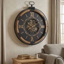 Large Industrial Wood And Black Metal Wall Clock With Gold Moving Gears 88cm