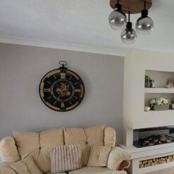 Large Industrial Wood And Black Metal Wall Clock With Gold Moving Gears 88cm