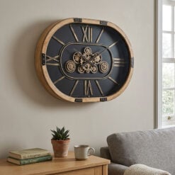 Large Oval Natural Wood Gold Moving Gears Wall Clock With Black Dial 68cm