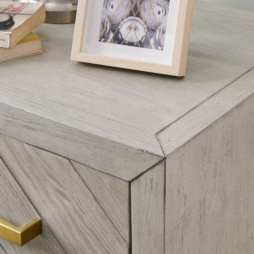 Light Grey Parquet Wood 2 Drawer Bedside Cabinet With Gold Handles