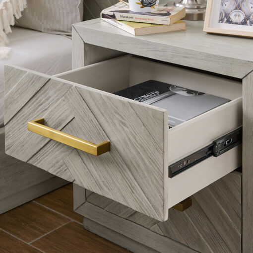 Light Grey Parquet Wood 2 Drawer Bedside Cabinet With Gold Handles