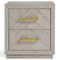 Light Grey Parquet Wood 2 Drawer Bedside Cabinet With Gold Handles