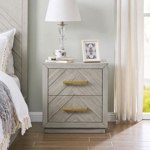 Light Grey Parquet Wood 2 Drawer Bedside Cabinet With Gold Handles