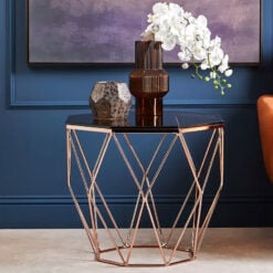 Rose Gold Metal And Amber Smoked Glass Octagonal Side Table End Table