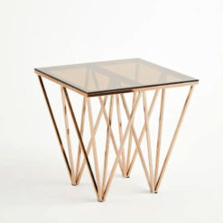 Rose Gold Metal And Amber Smoked Glass Prismatic Side Table End Table 55cm