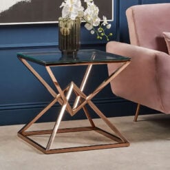 Rose Gold Metal And Clear Glass Hourglass Side Table End Table