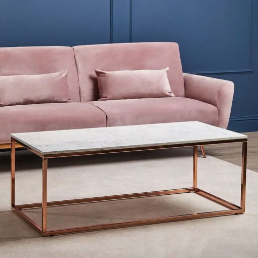 Rose Gold Metal And White Marble Rectangular Large Coffee Table 120cm