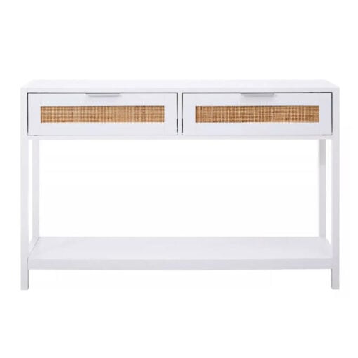 Rustic Country Cottage White Wood And Rattan 2 Drawer Console Table