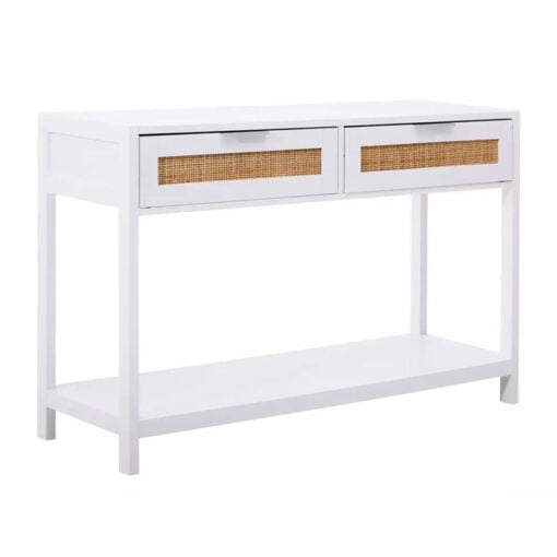 Rustic Country Cottage White Wood And Rattan 2 Drawer Console Table