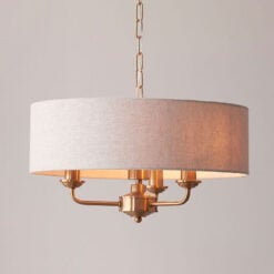 Vintage Gold Brass Metal 3 Light Ceiling Pendant With Natural Linen Shade 45cm