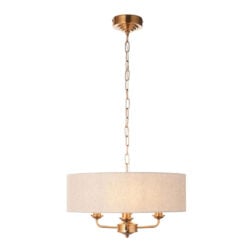 Vintage Gold Brass Metal 3 Light Ceiling Pendant With Natural Linen Shade 45cm