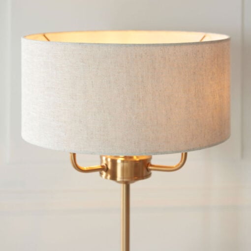 Vintage Gold Brass Metal 3 Light Table Lamp With Natural Linen Shade 50cm