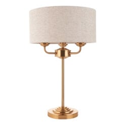 Vintage Gold Brass Metal 3 Light Table Lamp With Natural Linen Shade 50cm