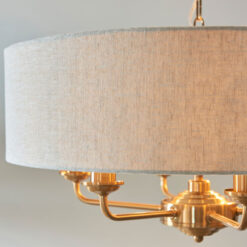 Vintage Gold Brass Metal 6 Light Ceiling Pendant With Natural Linen Shade 55cm