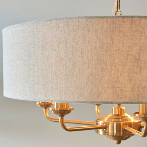 Vintage Gold Brass Metal 6 Light Ceiling Pendant With Natural Linen Shade 55cm