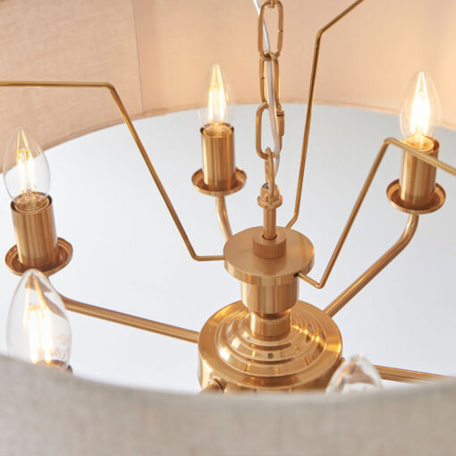 Vintage Gold Brass Metal 6 Light Ceiling Pendant With Natural Linen Shade 55cm