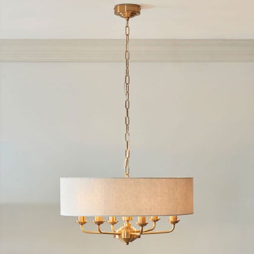 Vintage Gold Brass Metal 6 Light Ceiling Pendant With Natural Linen Shade 55cm