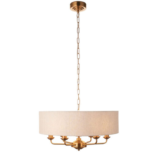 Vintage Gold Brass Metal 6 Light Ceiling Pendant With Natural Linen Shade 55cm