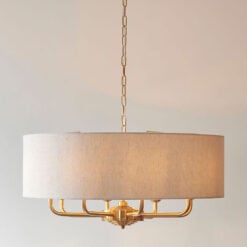 Vintage Gold Brass Metal 8 Light Ceiling Pendant With Natural Linen Shade 70cm