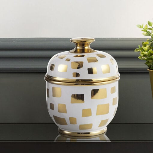 White And Gold Abstract Pattern Ceramic Ginger Jar With Lid 17cm