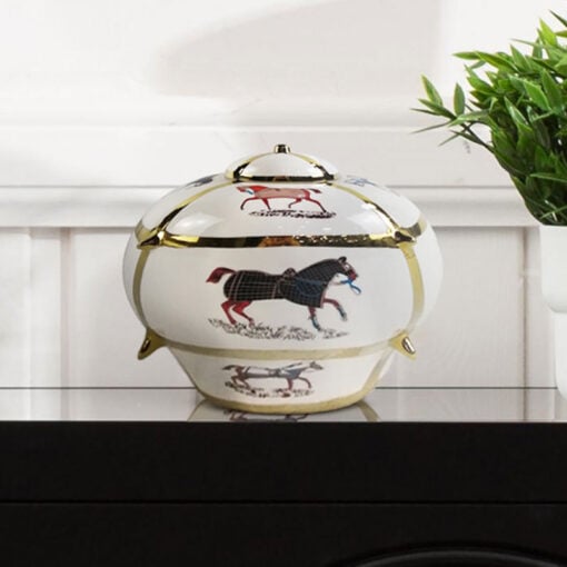 White And Gold Horses Design Ceramic Ginger Jar With Lid 23cm