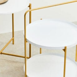 White And Gold Metal 2 Tier Round Portable Side Table End Table