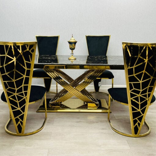 Astor Black Marble And Gold Metal 6 Seater Dining Table 180cm