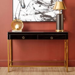 Black Mirrored Glass Two Tier 2 Drawer Slim Console Table With Gold Metal Legs