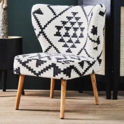 Boho Black And White Berber Fabric And Mango Wood Wingback Armchair Accent Chair