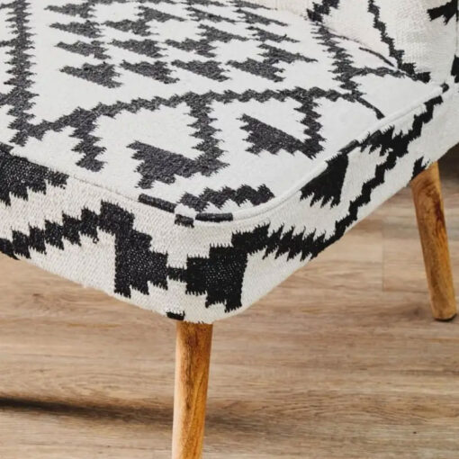 Boho Black And White Berber Fabric And Mango Wood Wingback Armchair Accent Chair