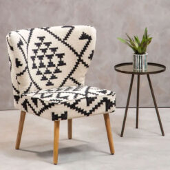 Boho Black And White Berber Fabric And Mango Wood Wingback Armchair Accent Chair