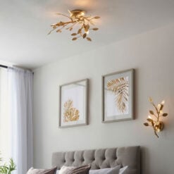 Boho Gold Leaf Metal Floral Leaves 3 Light Ceiling Pendant Chandelier 58cm