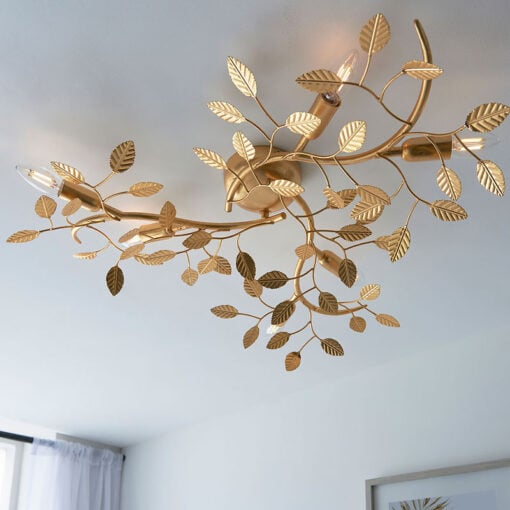 Boho Gold Leaf Metal Floral Leaves 6 Light Ceiling Pendant Chandelier 76cm