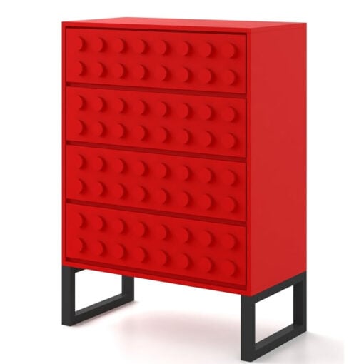 Boho Red Lego Block Solid Wood 4 Drawer Tall Chest Sideboard Cabinet