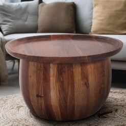 Boho Rustic Solid Dark Mango Wood Round Sculptural Coffee Table 60cm