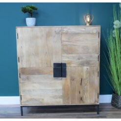 Boho Rustic Solid Light Mango Wood And Black Metal 4 Door Sideboard Cabinet