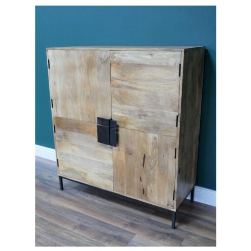 Boho Rustic Solid Light Mango Wood And Black Metal 4 Door Sideboard Cabinet