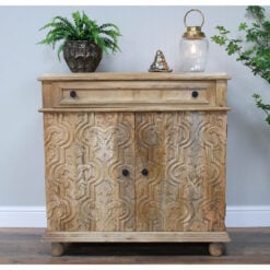 Boho Rustic Solid Light Mango Wood Carved 2 Door 1 Drawer Sideboard Cabinet