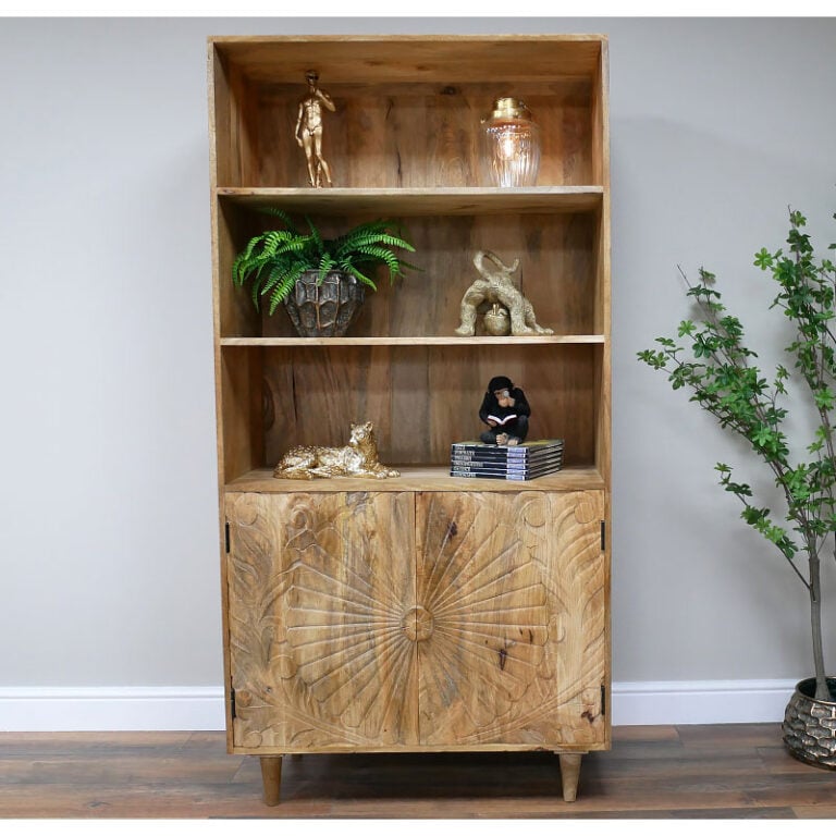 Boho Rustic Solid Light Mango Wood Carved 2 Door 3 Shelf Display ...