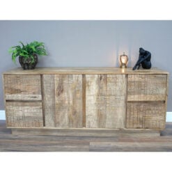 Boho Rustic Solid Light Mango Wood Carved Large Sideboard Cabinet 162cm