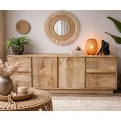 Boho Rustic Solid Light Mango Wood Carved Large Sideboard Cabinet 162cm