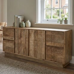 Boho Rustic Solid Light Mango Wood Carved Large Sideboard Cabinet 162cm